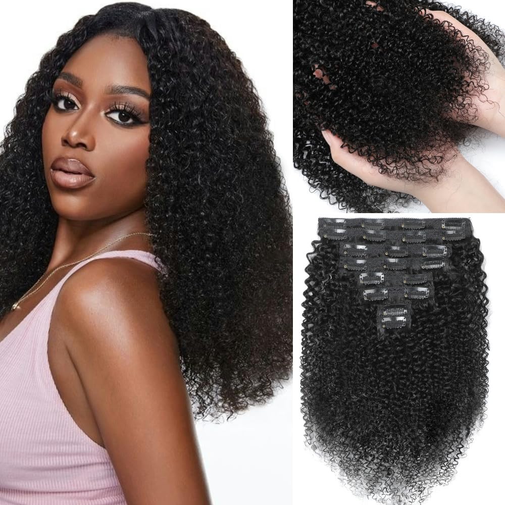 YDDM Kinky Curly Clip ins Human Hair Clip in Hair Extensions for Black Woman Full Head Brazilian Virgin Human Hair Natural Black Double Weft Clip ins 24 Inch 120g 8pcs 20Clips