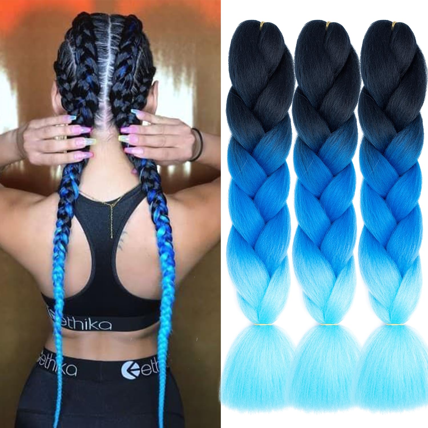 Xtrend 3Packs 3 Tone Jumbo Braiding Hair 24 Inch Synthetic Afro Braiding Hair Extensions for Box Braids and Twist Crochet Braid Hair (3Packs, Black/Dark Blue/Light Blue#) — image 1