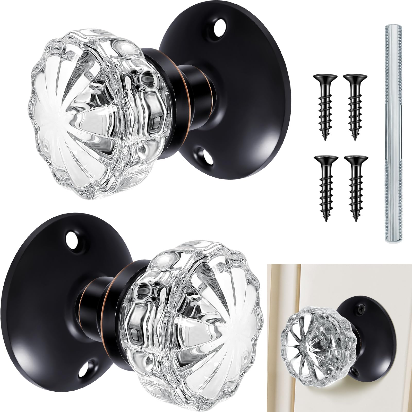 Photo 1 of Amylove 1 Set Glass Door Knobs Antique Crystal Door Knobs Vintage Mortise Style Fluted Replacement Kit with 2-1/2 in Satin Brass Privacy for Bedroom Bathroom(Black)