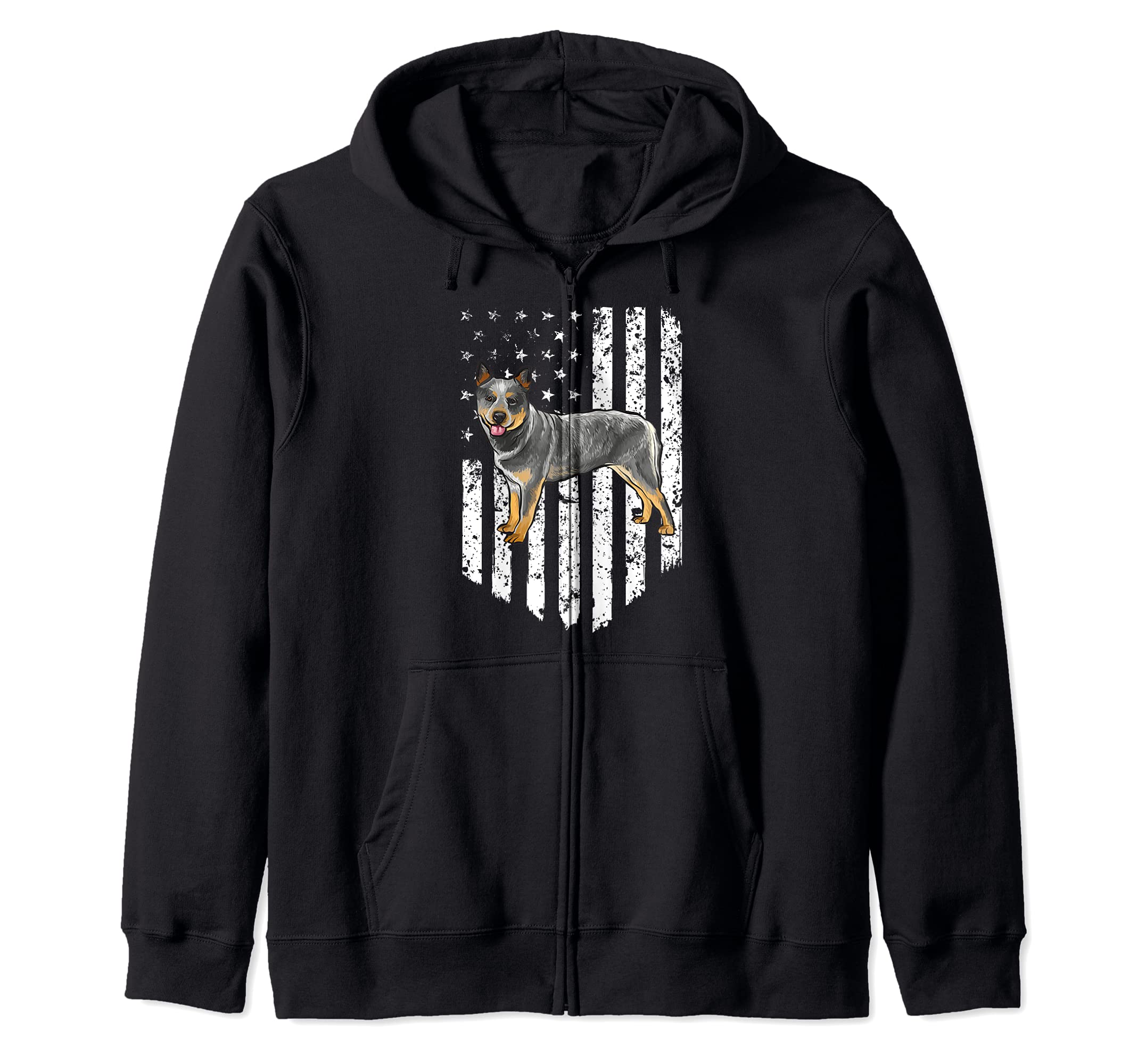 Black White American Flag Australian Cattle Dog 4th Of July Zip Hoodie