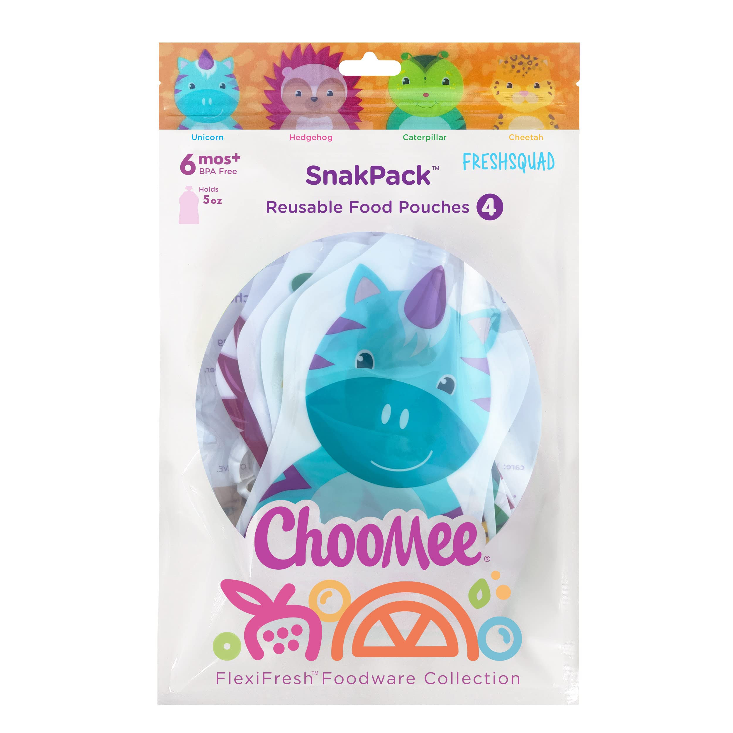 ChooMee Reusable Baby Food Pouches | BPA Free | Fill with Baby Food Applesauce Yogurt and Purees | Leakproof Double Lock Zipper, Easy Fill and Clean Wide Bottom | 5 oz | 4 Pack, SnakPack FreshSquad