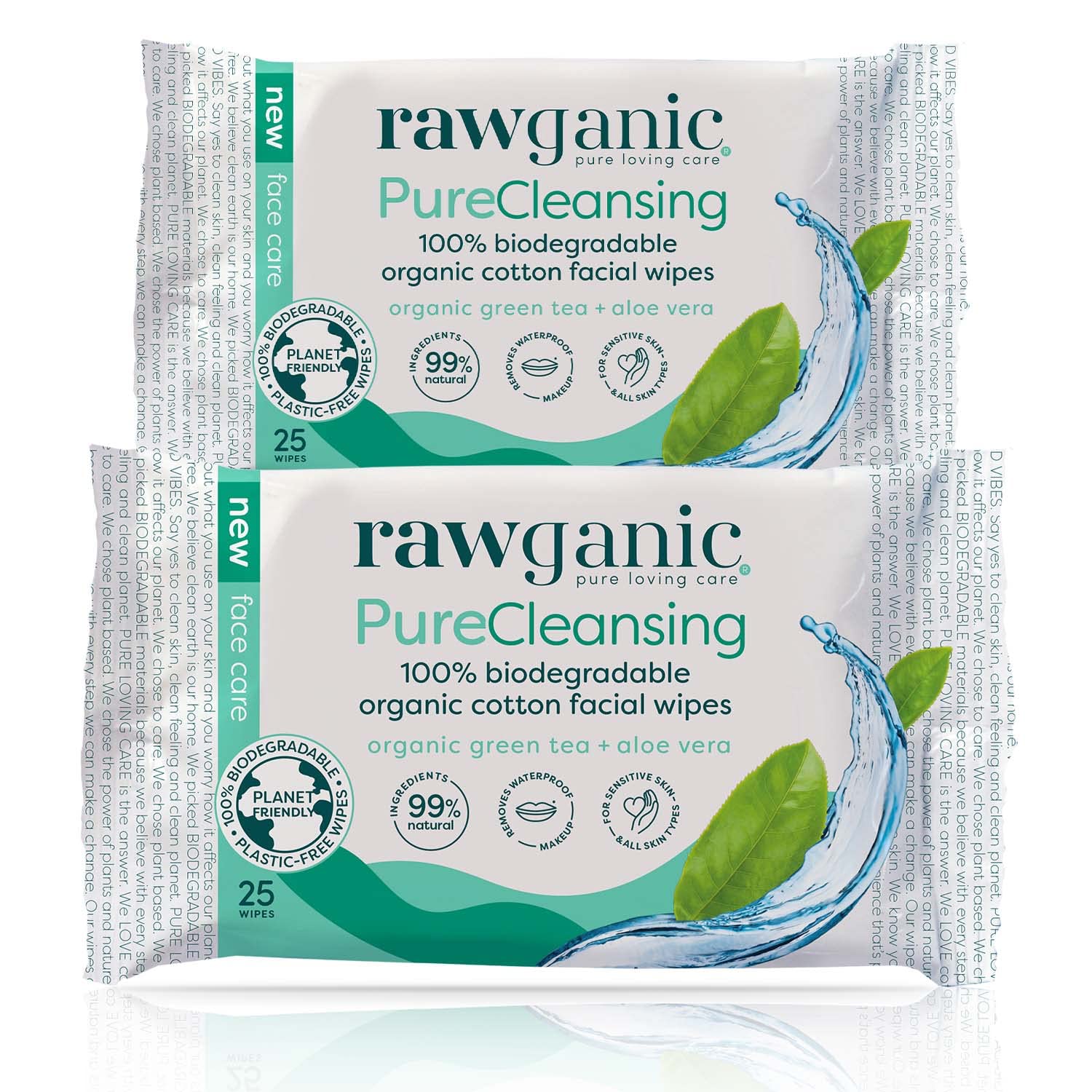 RAWGANIC Pure Cleansing Refreshing Facial Wipes with Aloe Vera and Green Tea | Gentle Soothing Biodegradable Makeup Removal Organic Cotton Wipes | 2 Packs (50 wipes in total)