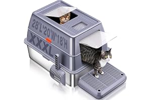 KITCATY XXXL Stainless Steel Litter Box with Lid，Extra Large 28"L*20"W*18.1"H Metal Cat Litter Boxs,Jumbo Enclosed Removable Litter Box High Sides For Big Cats,with Cat Litter Scoop, Leak-Proof, Easy to Clean