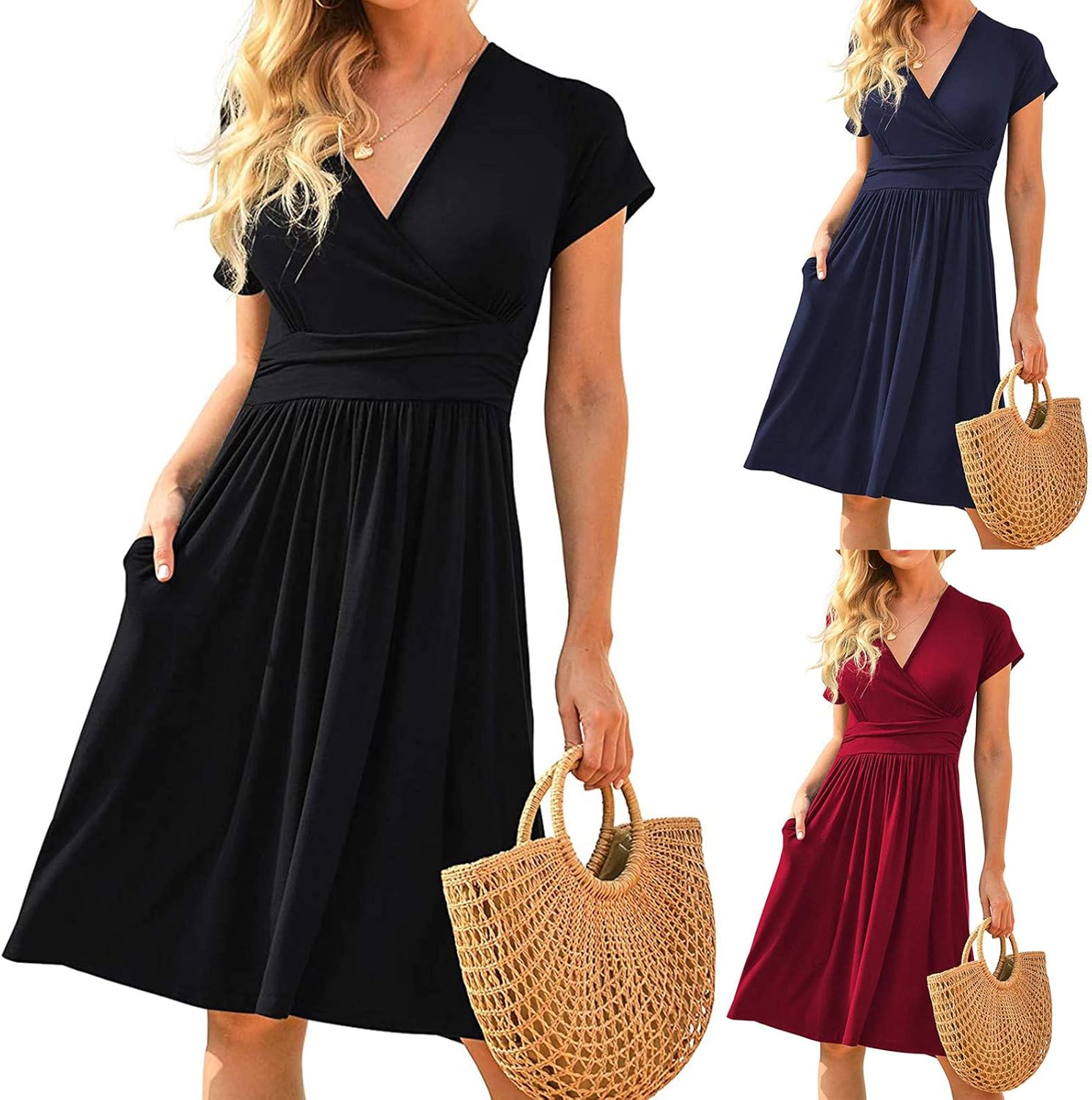 Women's Summer Short Party Dress Short Sleeve V Neck Slim Evening Dress