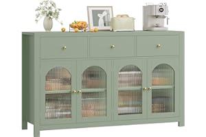 FINETONES Buffet Cabinet with Storage, 55.1" Large Sideboard Buffet, Farmhouse Kitchen Cabinet with 3 Drawers and 4 Doors, Wood Coffee Bar Table for Kitchen, Green