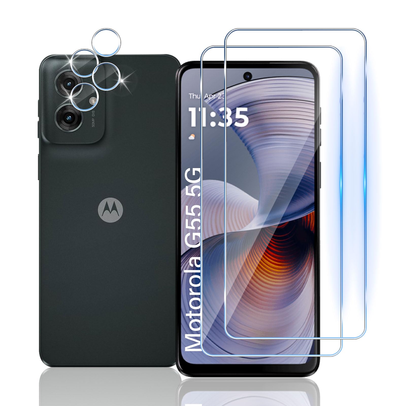 TUTUO [2+2 Pack Tempered Glass Compatible with Motorola Moto G55 5G Screen Protector + Camera Lens Protector,[Anti-Scratch][Bubble Free] 9H Hardness HD Clear Tempered Glass Film
