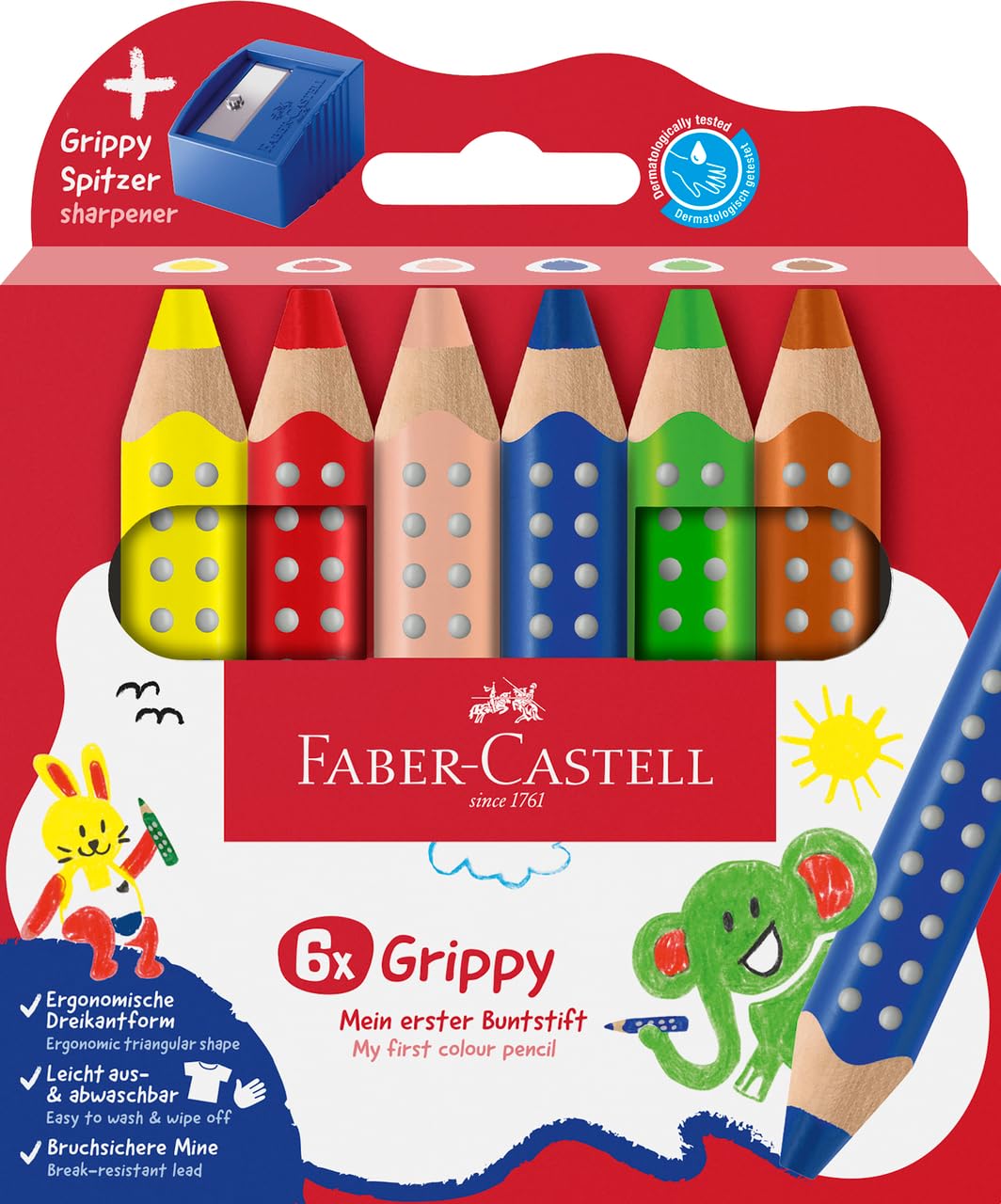 Faber-Castell Grippy 110635 Set of 6 Jumbo Colouring Pencils for Toddlers Easy-Wipe Washable Ergonomic Triangle Shape Thick Colouring Pencils 10 mm Thick Lead Sharpener Included