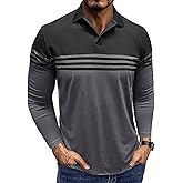 Men's Long Sleeve Polo Shirt Striped Cotton Moisture Wicking Classic Collared Casual Golf Shirts for Men