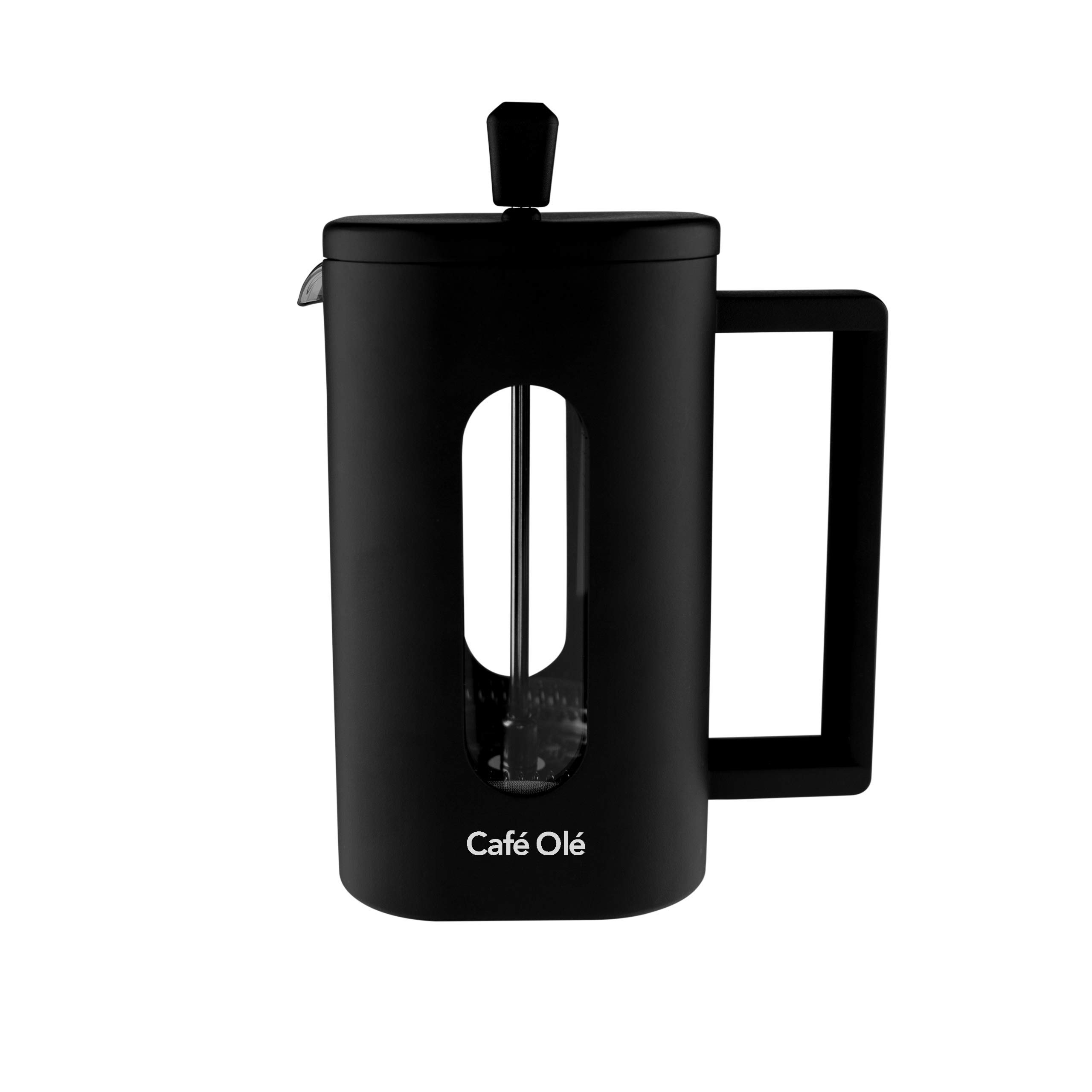 Café Olé 2 Cup (600ml) Plastic Cafetière French Press Coffee Maker, Black, Square Design