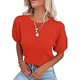 CFLHN Women's Short Sleeve Knit Tops Soft Puff Sleeve Lightweight Sweaters for Casual and Work
