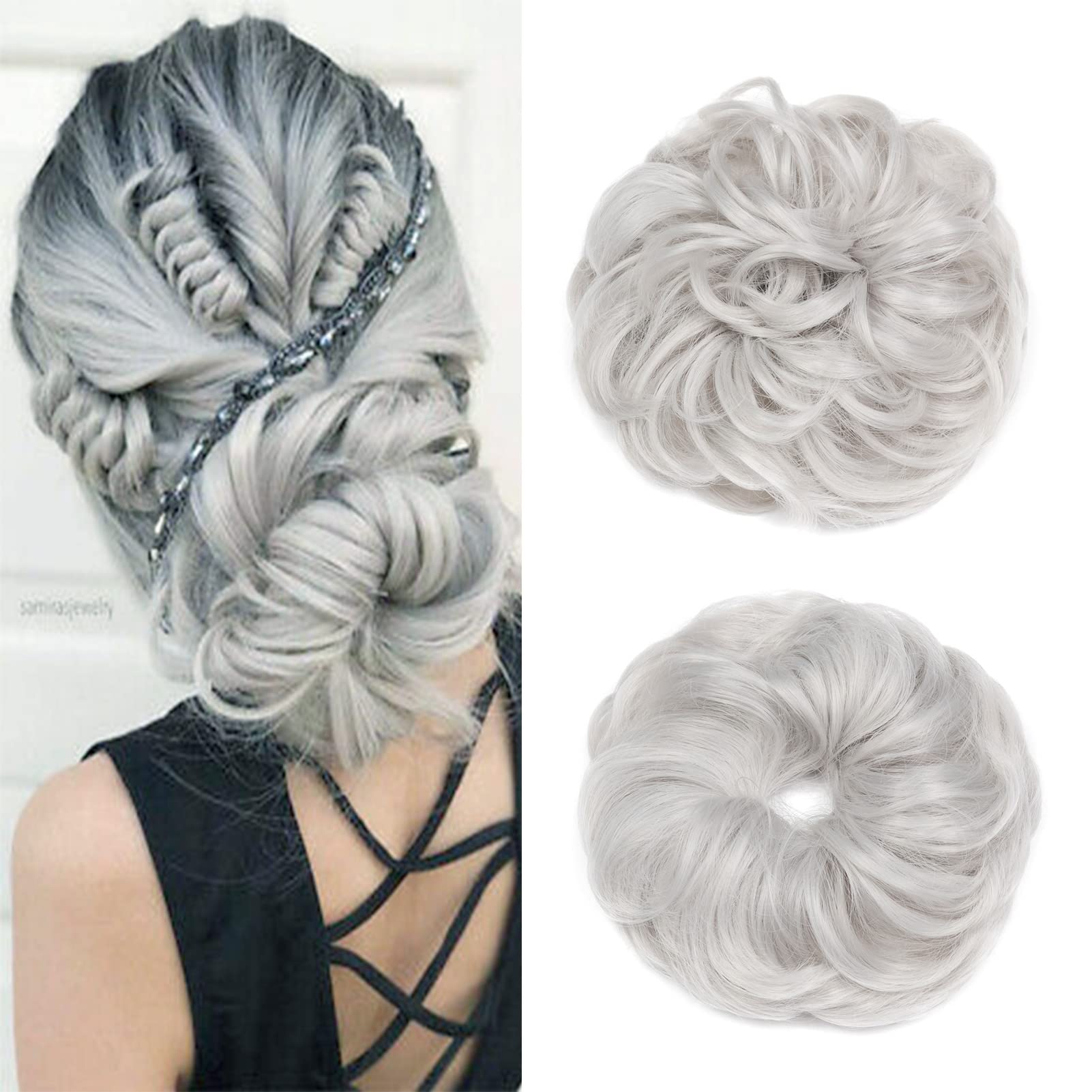 Cybelleza Messy Bun Hair Piece Wavy Curly Hair Scrunchies Thick Messy Hair Bun Updo Hairpiece Synthetic Ribbon Ponytail Extensions Donut Chignons Wavy Wig for Women Girls, 40g Silver Gray