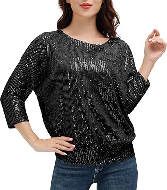 JASAMBAC Women's Sparkle Sequin Tops Shimmer Glitter Loose Cold Shoulder Party Tunic Batwing 