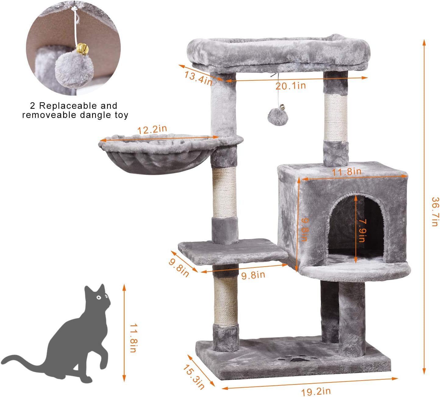 MQ Multi-Level Cat Tree Condo, Activity Center Cat Tower Furniture 36'' with Sisal-Covered Scratching Posts, Padded Plush Perch, Spacious Cat Cave & Baske for Small Kittens Adult Cats (Grey) : Pet Supplies
