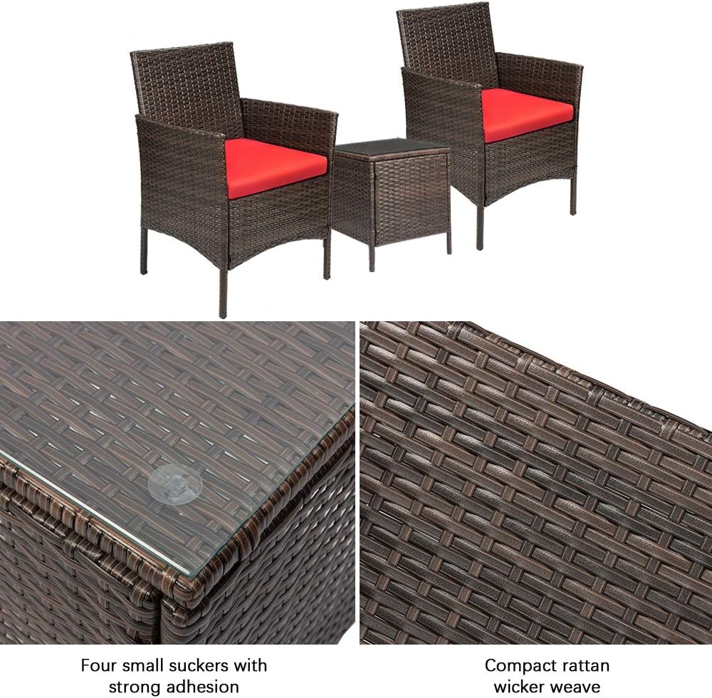 Devoko Patio Porch Furniture Sets 3 Pieces PE Rattan Wicker Chairs with Table Outdoor Garden Furniture Sets (Brown/Red): Garden & Outdoor