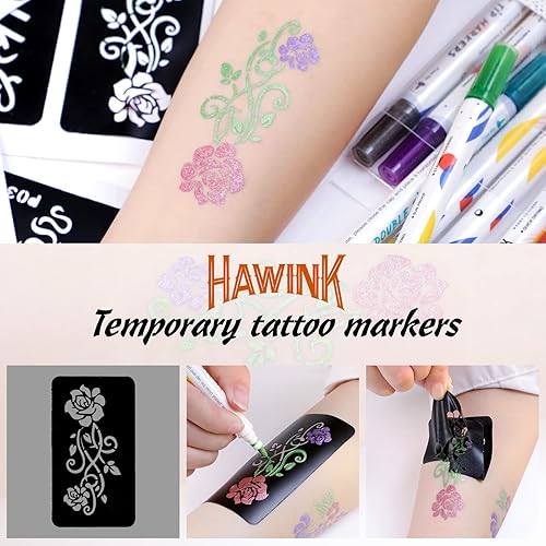 HAWINK Temporary Tattoo Markers for Skin, 10 Body Markers 56 Large Tattoo  Stencils for Kids and Adults, Dual