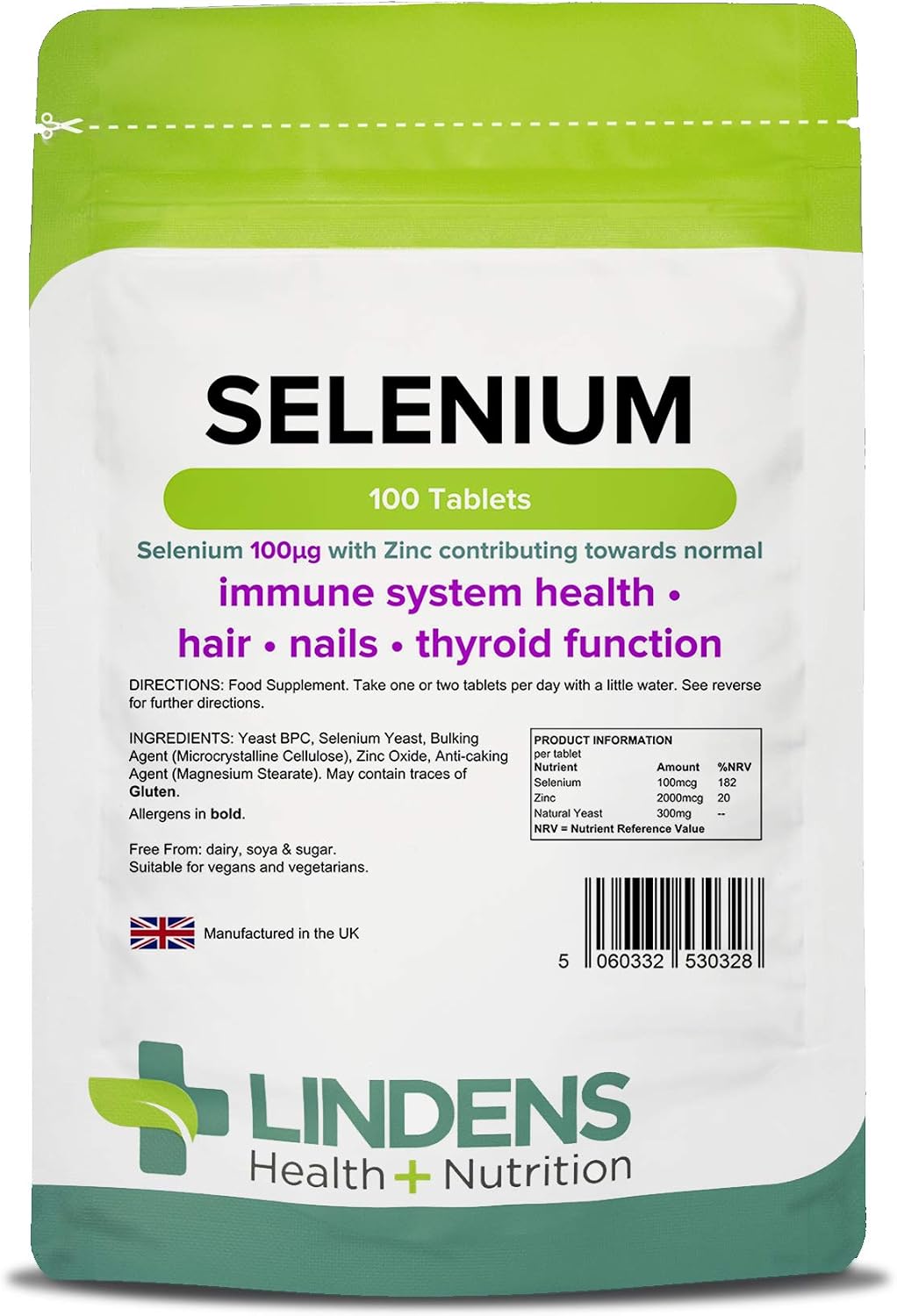 Lindens, Selenium 100mcg & Zinc, 100 Tablets, UK Made, Contributes to Healthy Skin, Nails & Hair