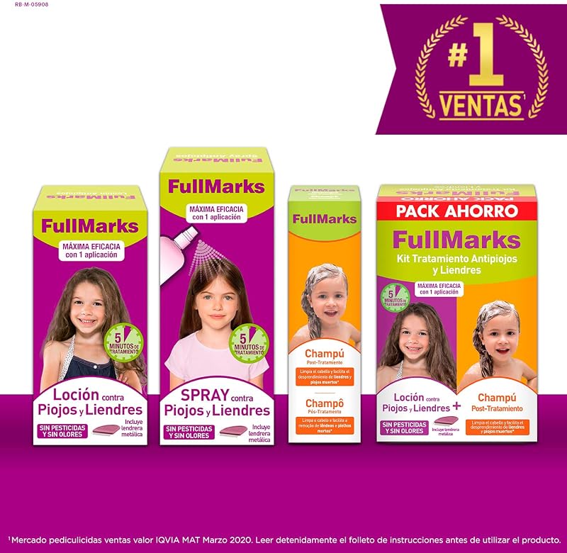 FullMarks Kit Tratamiento Antipiojos para Niños, Elimina los Piojos, Contiene Loción 100 ml, Champú Post-Tratamiento 150 ml y Lendrera Metálica