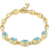 ZhenCai Gemstone Bracelets for Women Solid 925 Sterling Silver Setting Natural Birthstone Adjustable Link Bracelet Cubic Zirconia 18K Gold Rhodium Plated Fine Jewelry for Her