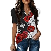 Lomon Spring Summer Tops for Women 2026 V Neck Puff Short Sleeve Tops Fashion Trendy Work Blouses Dressy Casual S-XXL