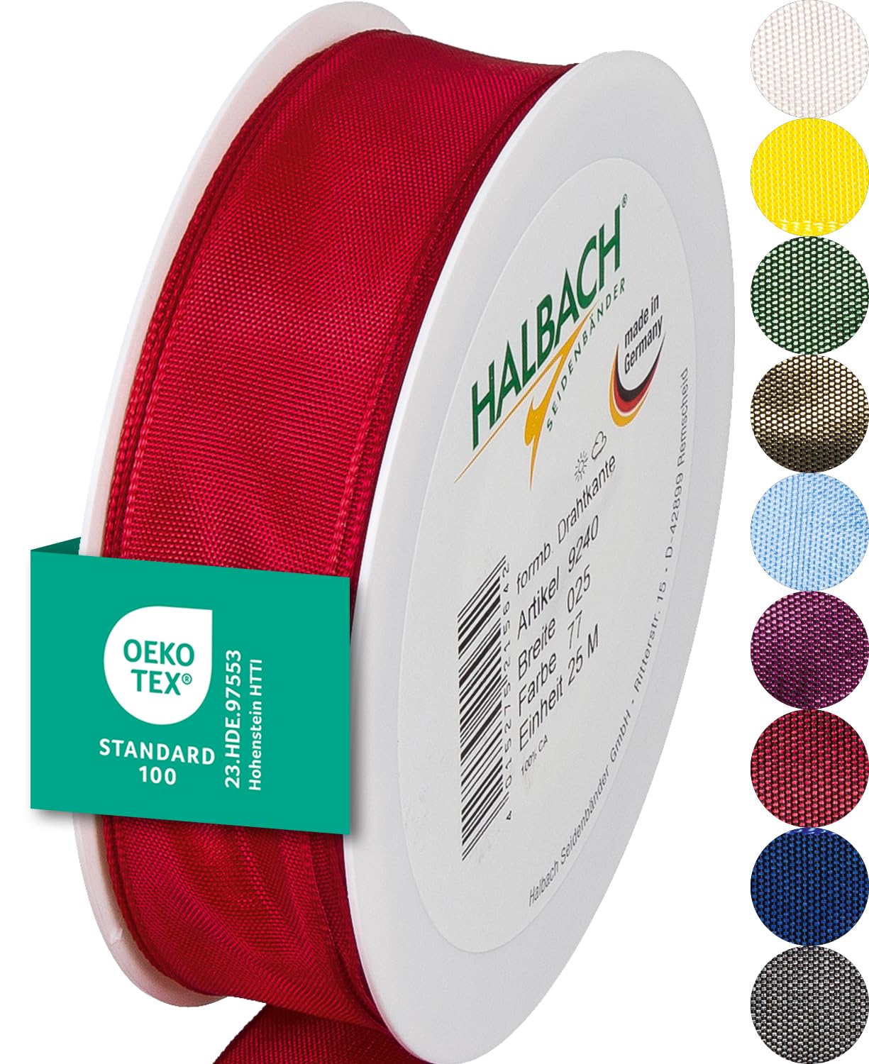 Halbach Seidenbänder Premium Gift Ribbon with Wired Edge, Width 25 mm, Length 25 m, Oeko-Tex 100 Certified, Made in Germany, Colour: Red — image 1