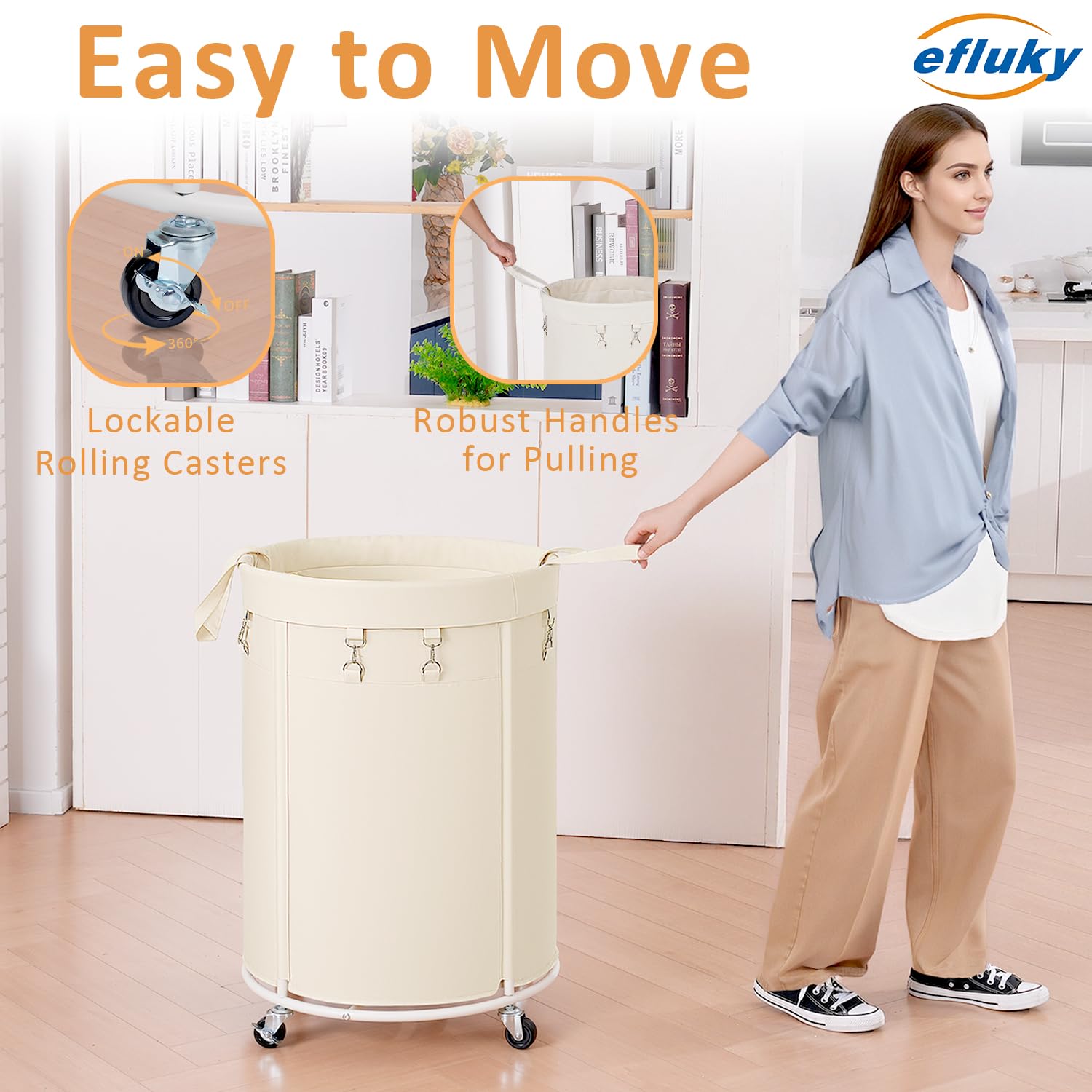 150L Wäschekörbe mit Rollen, Große Wäschesammler mit Metallrahmen und Wasserdichter Wäschesack, Laundry Baskets Wäschewagen für Waschküche, Schlafzimmer, Badezimmer, Beige 5