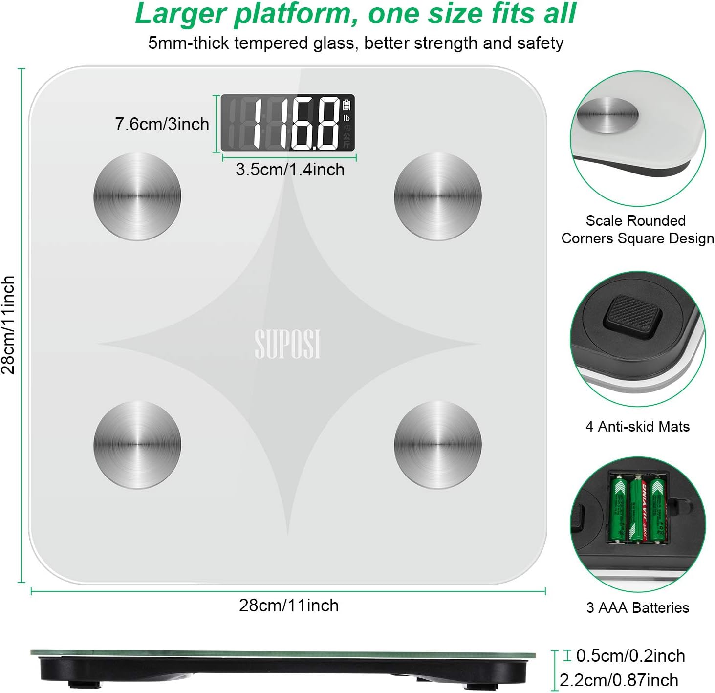 SUPOSI Smart Digital Body Fat Scale, Wireless BMI Bathroom Weight Scale for Body Weight, 24 Body Composition Analyzer Health Monitor Bluetooth Body Weight Scale with Smart Phone App, 396 lbs, White: Health & Personal Care
