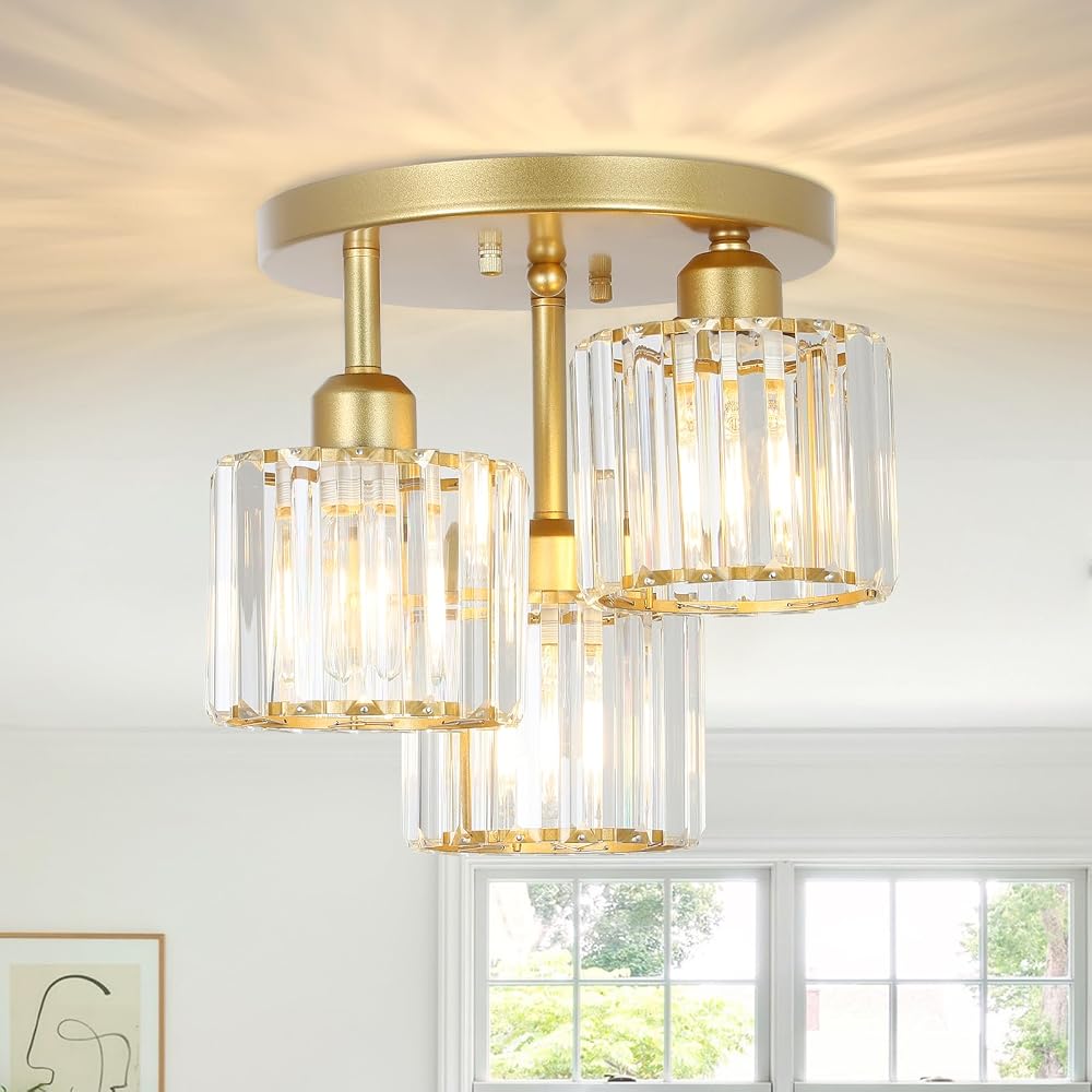 Rayofly Modern Crystal Chandeliers Ceiling Light 3-Lights Gold