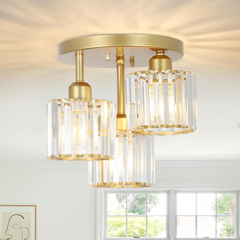 Rayofly Modern Crystal Chandeliers Ceiling Light 3-Lights Gold