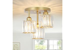 PAUFUL Modern Semi Flush Mount Ceiling Light,3-Light Golden Crystal Close to Ceiling Light Fixtures,Kitchen Light Fixtures with Clear Crystal Shade,Hallway Light Fixtures for Hallway Bedroom Bathroom