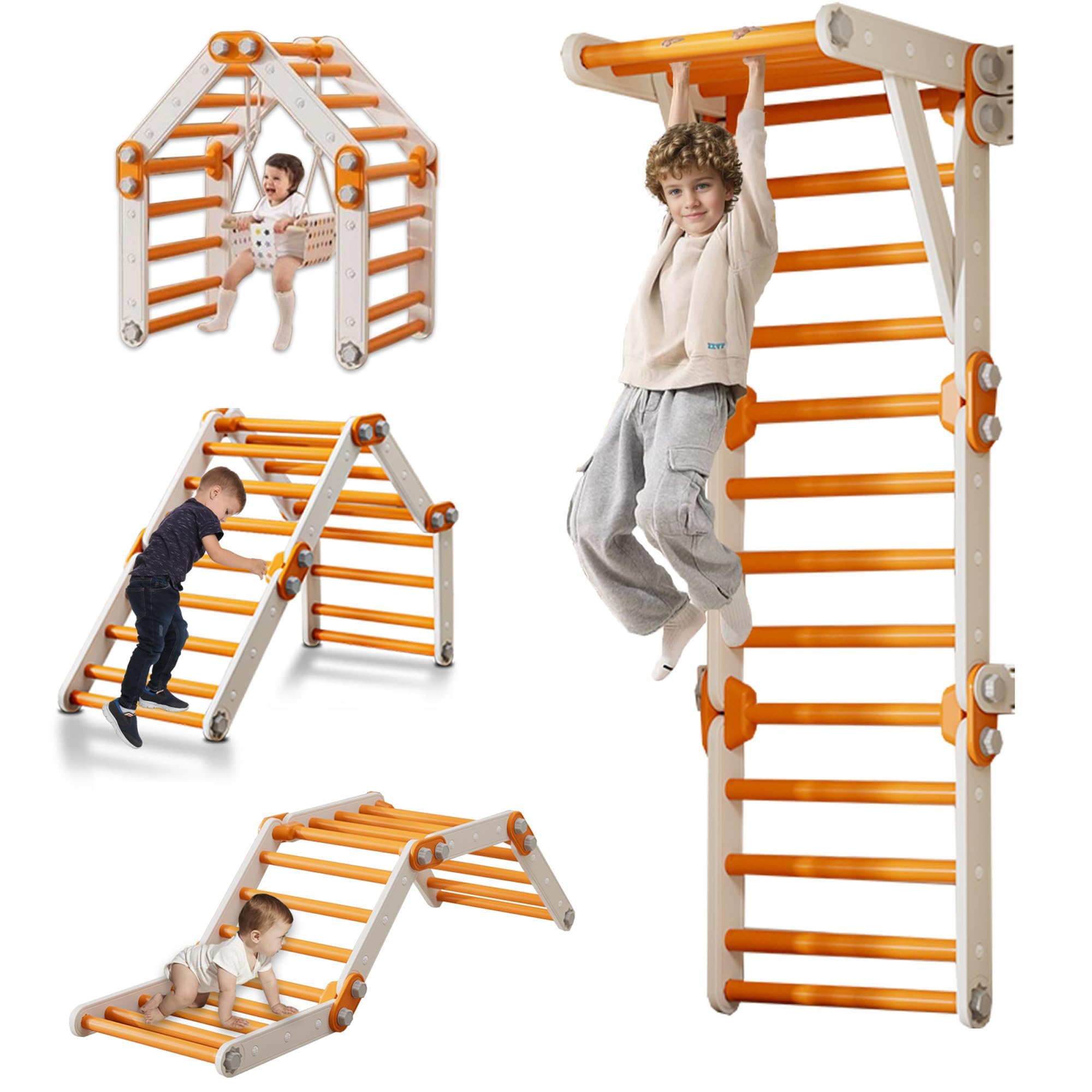 Photo 1 of HTWELL Toddler Climbing Toys,Kids Pikler Triangle Set,Montessori Indoor Play Gym,Multifunction Foldable Indoor Climbing Gym for Kids(Orange)