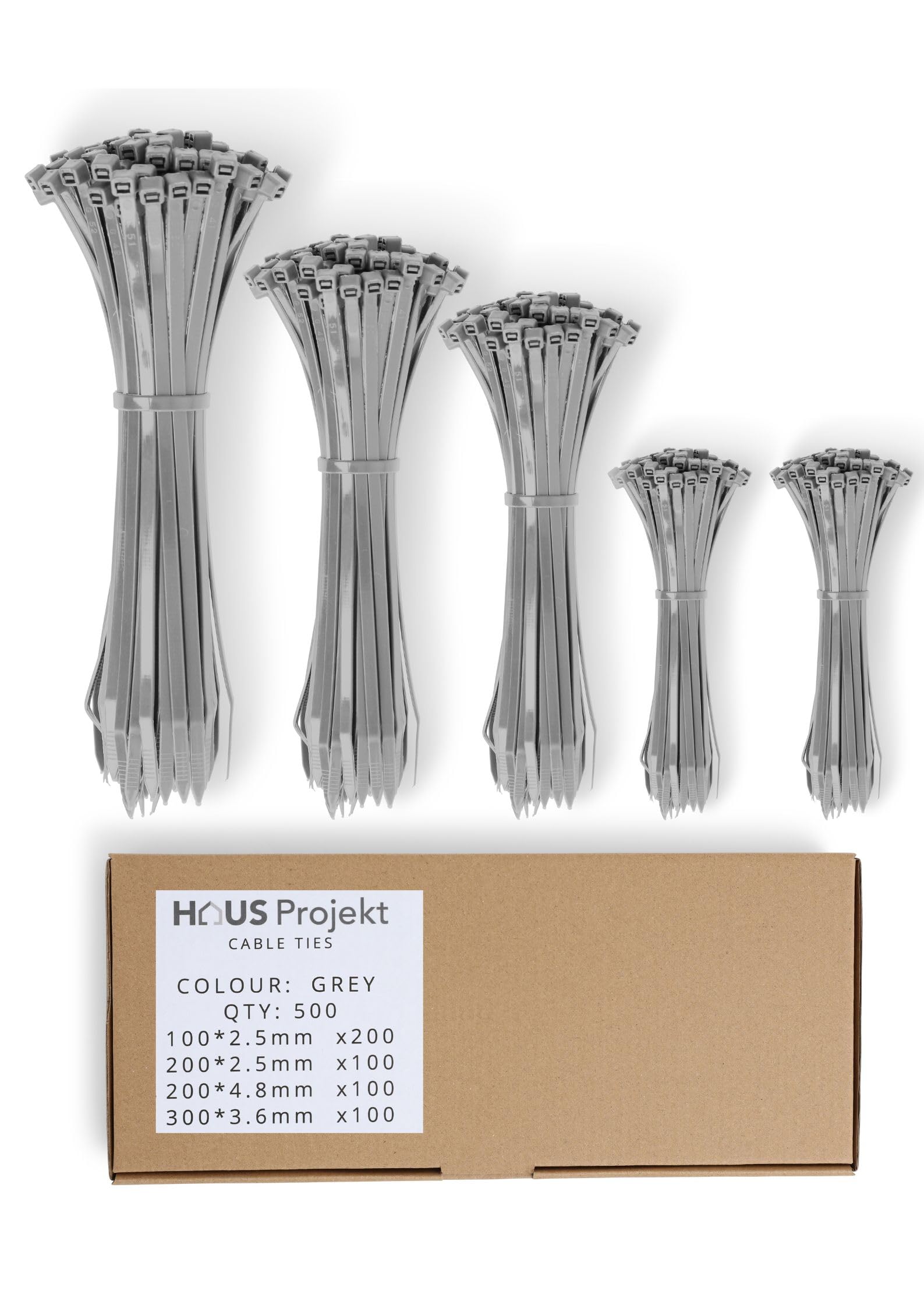 Haus Projekt Cable Ties Grey Mixed Size 500 Pack Assorted Zipties, Cable Management, Cable Tidy, Heavy Duty Zip Tie Wraps, Garden Cable Ties, Cable Tie Wraps, Small Long Wire Cable Organiser