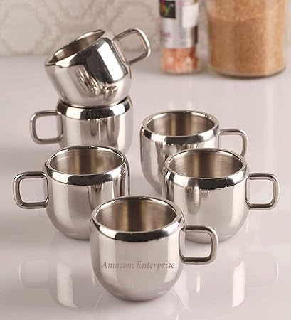 Amacom Enterprise Double Wall Stainless Steel Cup Tea & Coffee Cups, Set of 6, 100 Ml - Apple