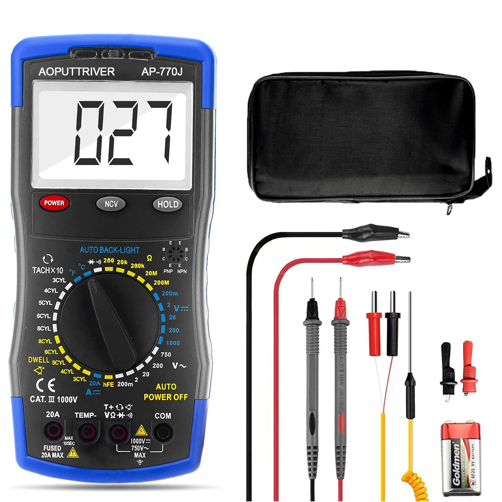 Digital Multimeter, Automotive Multimeter, Engine Analyser Manual Ranging NCV Multi Tester Voltmeter Measure Voltage+Current+Resistance+Temp+RPM+Dwell Angle with Data Hold+Backlight+Auto Off+℃/℉