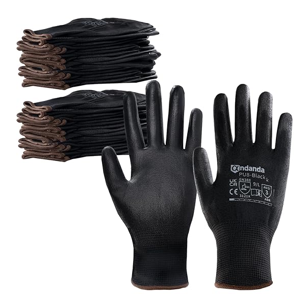 ANDANDA SAFETY WORK GLOVES, SEAMLESS KNIT GARDENING GLOVES WITH PU COATED, IDEAL WORK GLOVES MEN FOR GENERAL WORK, WAREHOUSE, GARDEN, BLACK M-24 PAIRS