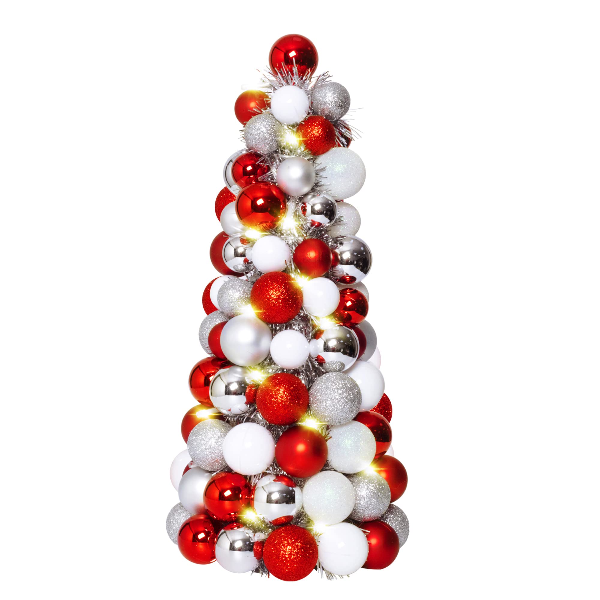 Photo 1 of Amooca 16in Christmas Ball Tree with LED Lights Table Centerpiece Fireplace Decor Indoor Holiday Party Home Decoration Red White Silver