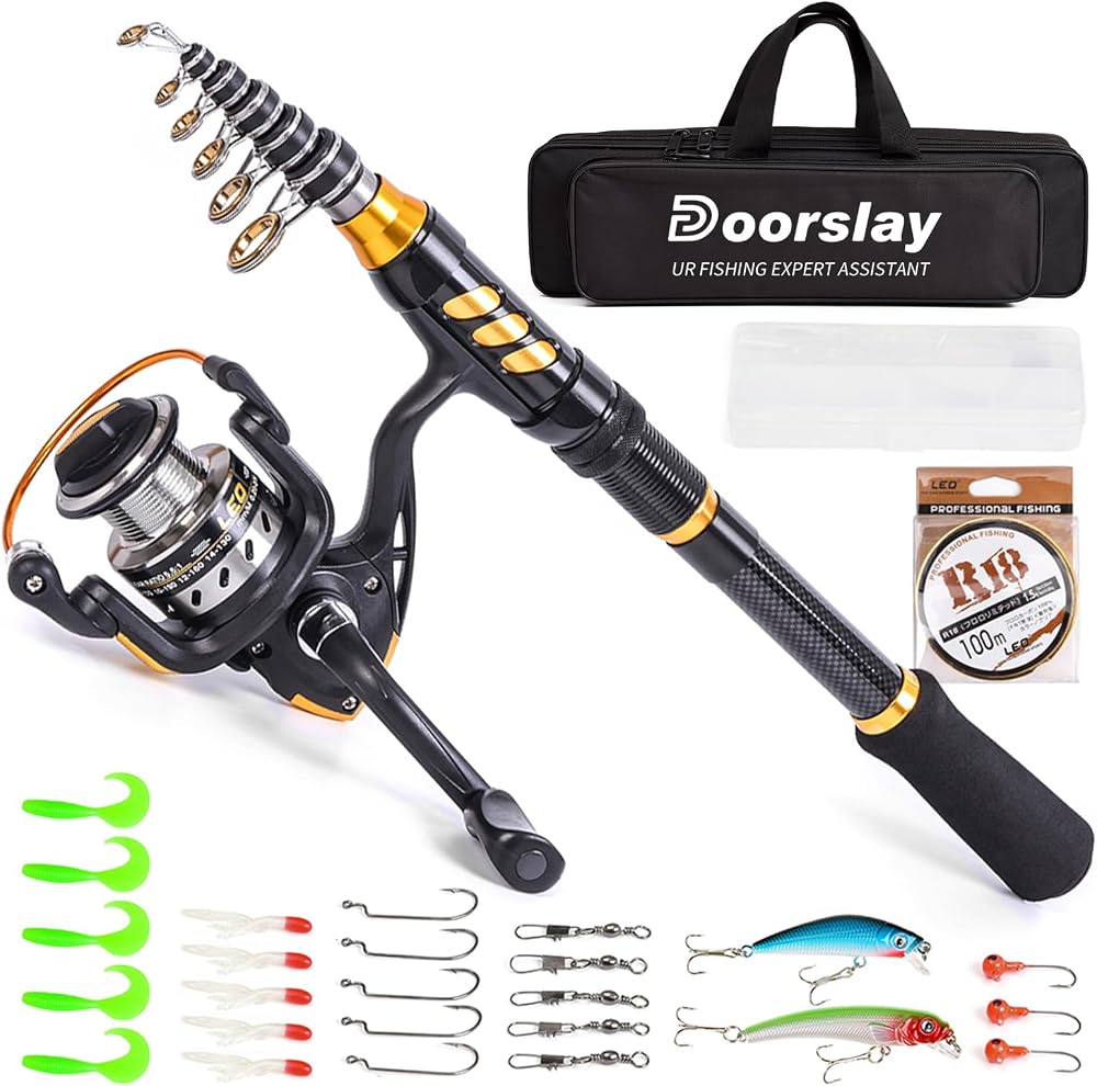 doorslay Fishing Rod and Reel Combo Carbon Fiber Telescopic Spinning Kit