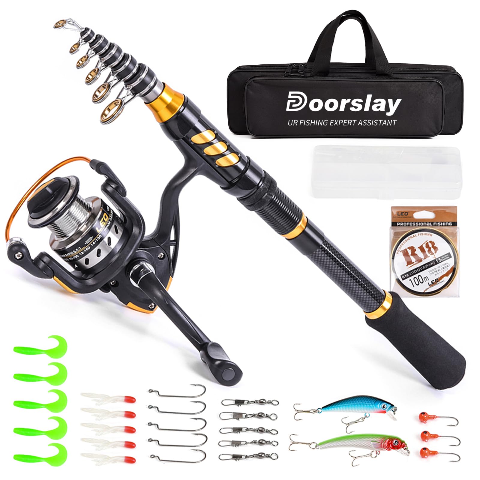 doorslay Fishing Rod and Reel Combos, Carbon Fiber Fishing Pole Combo Set, Telescopic Rods Spinning Reels Lures Set with Carrier Bag for Freshwater Saltwater Kit Fishing Gifts for Men Women