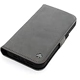 Porter Riley - Leather Case Compatible with iPhone 15 Pro. Premium Genuine Nubuck Leather Book/Wallet/Book Case with Card Slots and Horizontal Stand (Grey, Black)