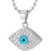 Steel Evil Eye Pendant Necklace with Blue Enamel and Crystal Accents, Protective Amulet Jewelry