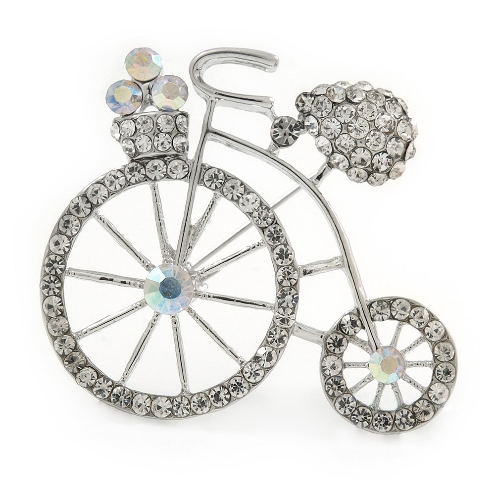Retro Clear Crystal Bicycle Brooch In Silver Tone Metal - 40mm W