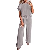 KIRUNDO 2 Piece Sets for Women Dressy Casual Ribbed Knit Short Sleeve Tops Wide Leg Pants Lounge Set Travel Airport Outfits