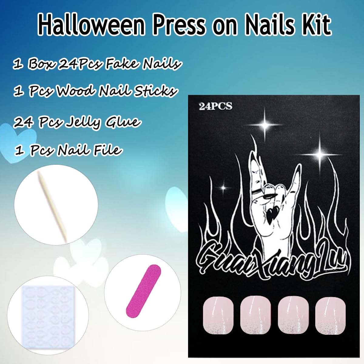 24Pcs White Glitter French Tip Press on Nails Short Square Fake Nails Glossy Nude Pink Design Glue on Nails Artificial Reusable Stick on Nails Coffin Acrylic Nail Tips Full Cover False Nails for Women - Image 6