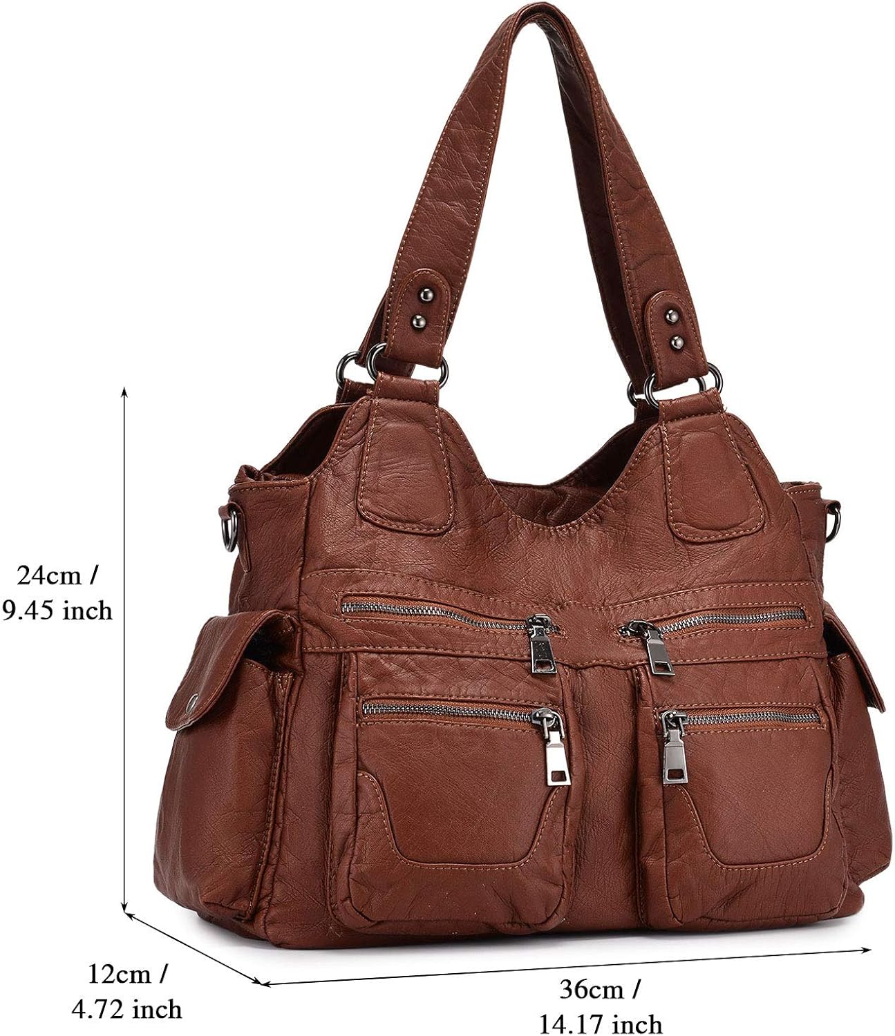 BAIGIO Ladies Handbag Soft Washed Leather Hobo Shoulder Bag Cross Body Top-Handle Purse For Women with Detachable Shoulder Strap (#A-Brown) - Image 4