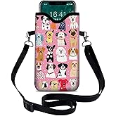 otilil Neoprene Cell Phone Sleeve Pouch Case Bag with Crossbody Strap Neck Lanyard for Women 7.1 X 3.9 in Pink Dog