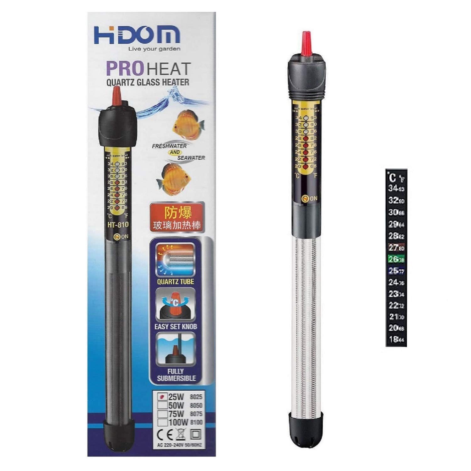 Hidom Aquarium Heater Quartz Glass Submersible Fish Tank - 25w Thermostat Control Pro-Heat HT 8025 - With FREE Stick on Thermometer - Suitable for both fresh and salt water