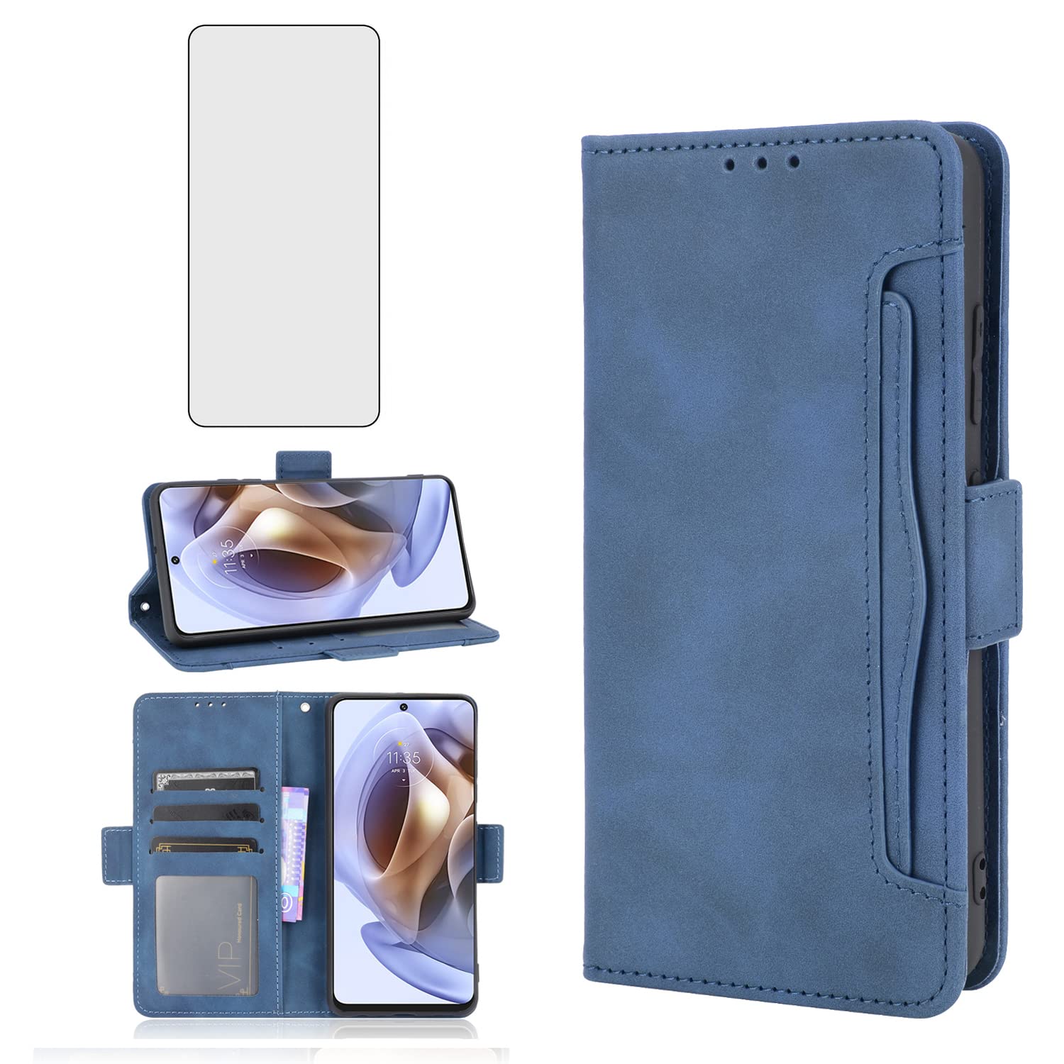 Asuwish Compatible with Motorola Moto G31/G41 Wallet Case and Tempered Glass Screen Protector Card Holder Stand Leather Flip Cell Accessories Phone Cover for MotoG31 MotoG41 G 31 41 Women Men Blue