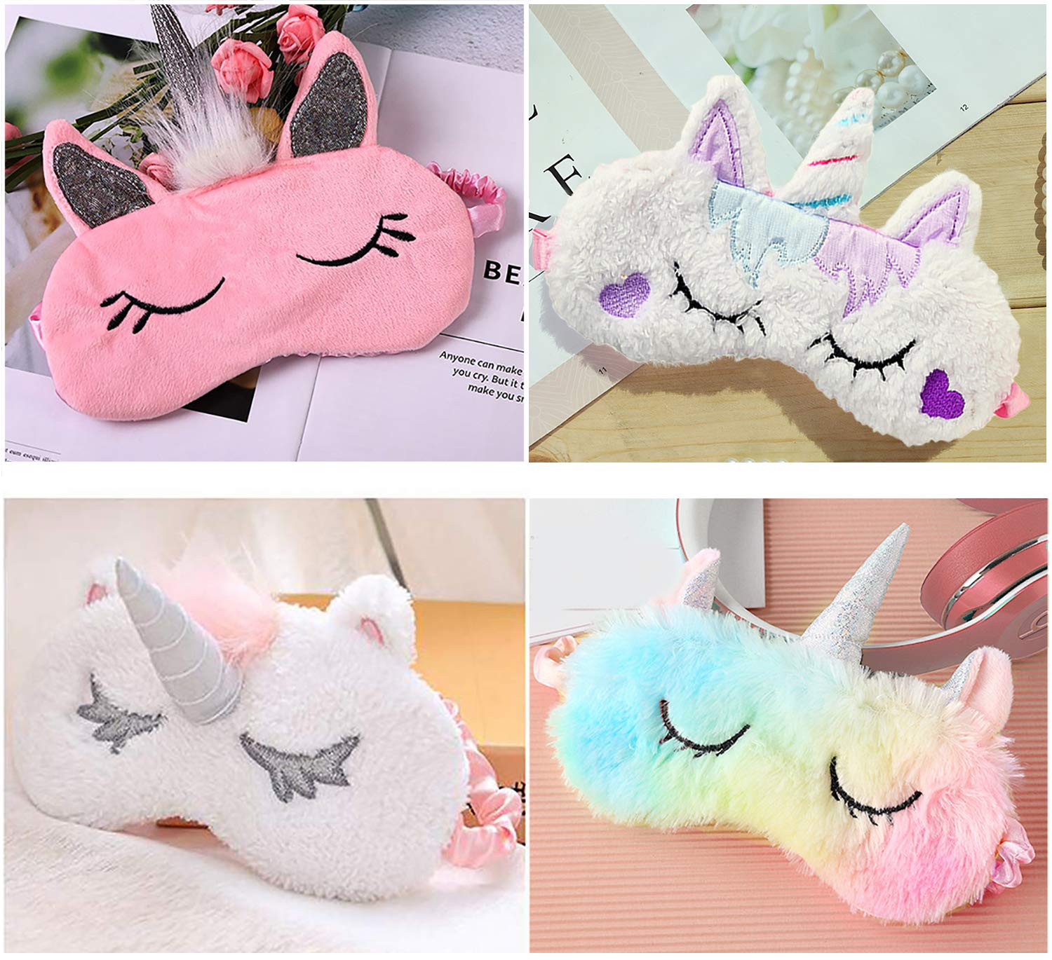 Unicorn Sleep Mask,Kapmore 4 Pack Cute Eye Mask Unicorn Horn Sleeping Mask Soft Plush Blindfold Sleep Eye Cover for Kids Girls Women