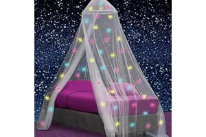 UB-STORE Canopy for Girls Bed with Pre-Glued Glow in The Dark Unicorns - Princess Mosquito Net Room Decor - Kids & Baby Bedroom Tent with Galaxy Lights - 1 Opening Canopy Bed & Hanging Kit Included