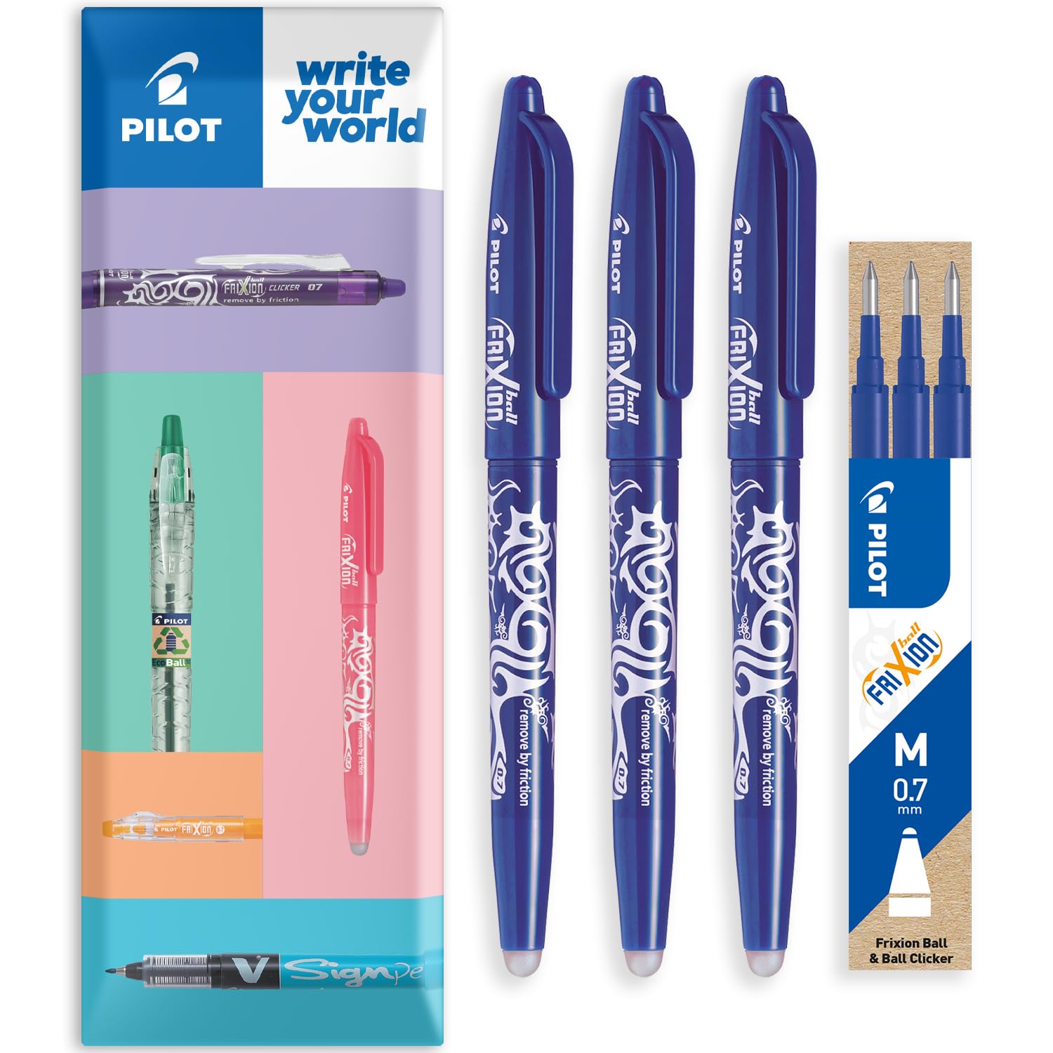 PILOT Frixion Heat/Friction Erasable Rollerball Pen FR7 - Medium Line 0.7mm Tip Nib - Envelope Gift Pack of 3 Pens + 3 Refills (Blue)