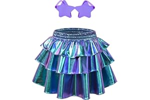 Perfashion Girls' Sparkle Metallic Skirts Layers Ruffle Sequin Tutu Dance Skirt with Sunglasses for Kids 6-15 Years